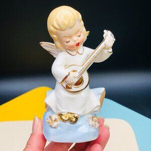 Vintage SHAFFORD Porcelain Musician Angel Figurine, Mid Century Kitsch Christmas